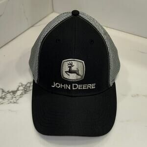 John Deere Mesh Flex Fit Hat Cap Black Gray Embroidered Logo Stretch Fit Adult